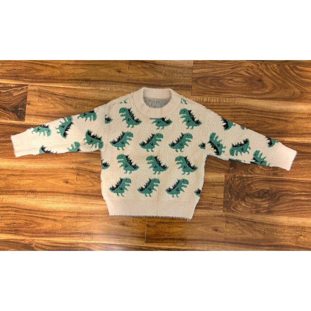Fuzzy Dino Sweater, Cream with Green and Black Dinosaurs, Size 5